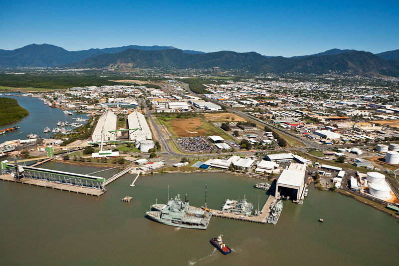 Aerial view of Navy Base and bulk sugar loading facility in Cairns