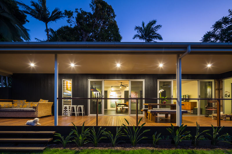 Residential home patio illuminated at twilight, Cairns 