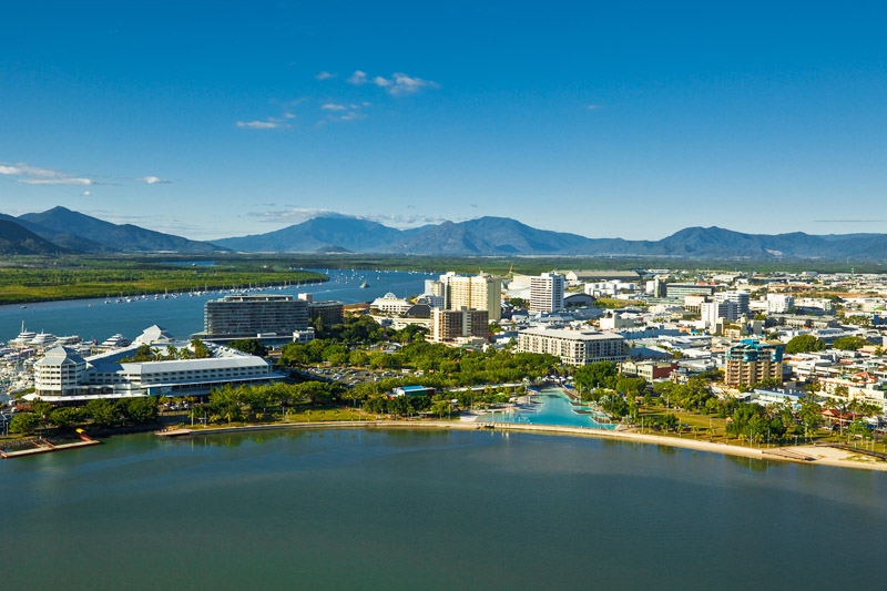 Elevated view of the Cairns Esplanade Lagoon and city centre