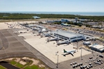 Aerial view of planes parked at airport terminal, Cairns