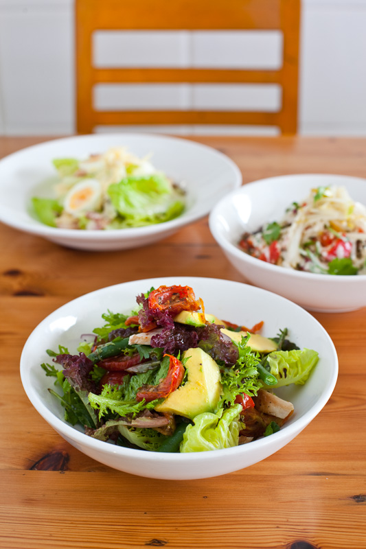 Three dishes of fresh salads at Mama Coco Cafe, Cairns