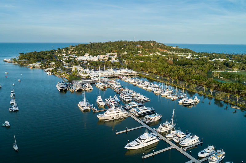 Aerial view of boats in the Port Douglas marina