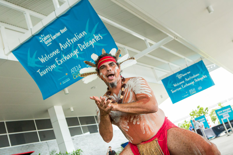 Indigenous dancer at Airport Welcome for delegates of 2014 Australian Tourism Exchange in Cairns