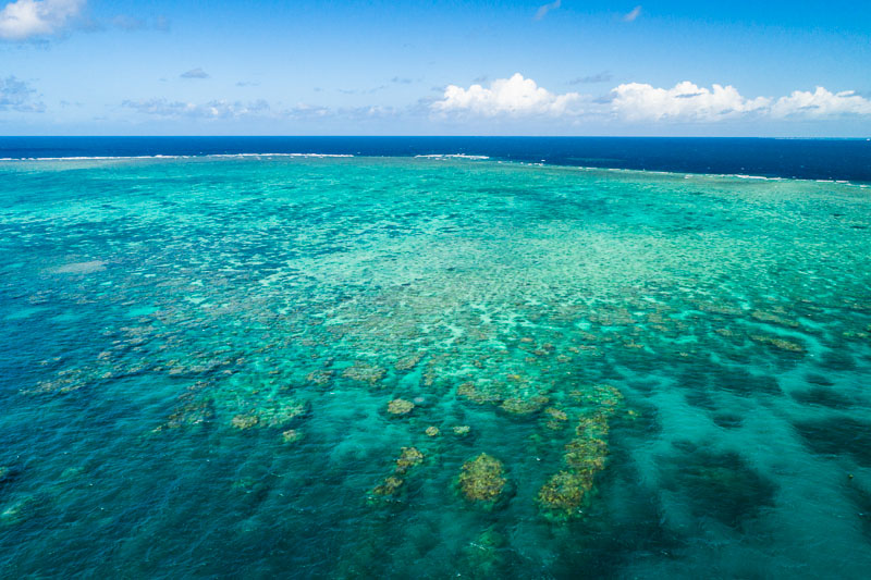 Aerial view of coral formations of the Great Barrier Reef Marine Park, Cairns