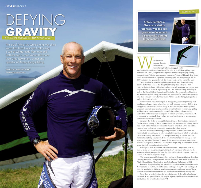 Editorial Photography - Greg Newnham, Airplay Hang Gliding School.  Inside story for CityLife Magazine.
