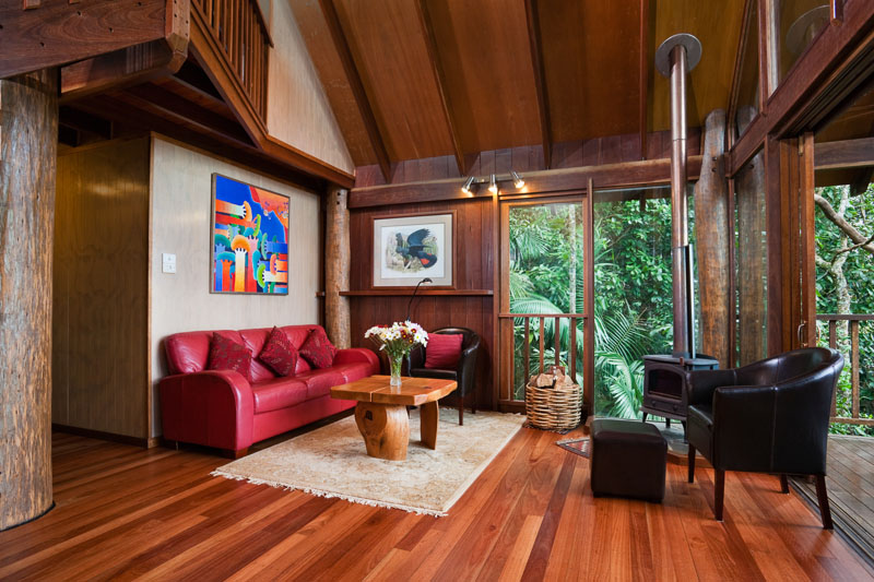 Living room of treehouse accommodation at Rose Gums Wilderness Retreat