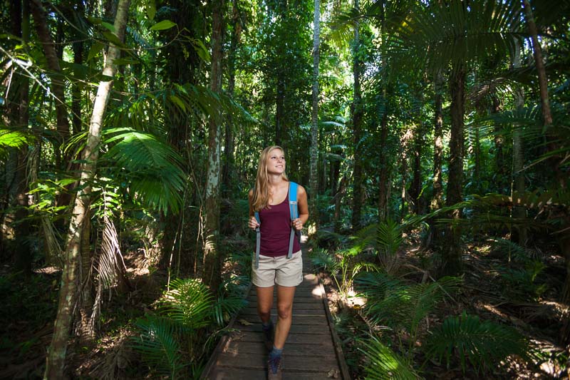 Young woman walking with backpack through rainforest boardwalk
