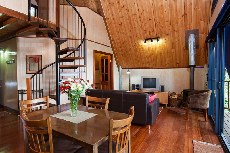 Interior of treehouse accommodation at Rose Gums Wilderness Retreat