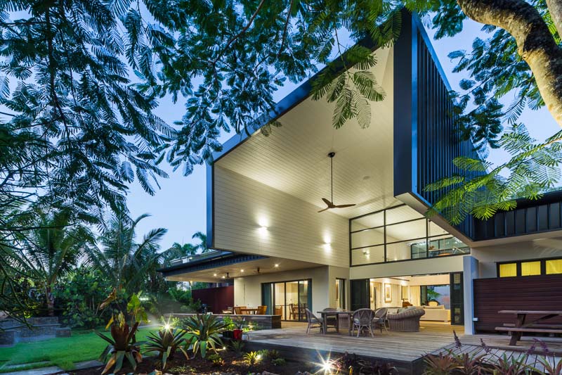 Residentail home patio and outdoor dining area at twilight, Cairns