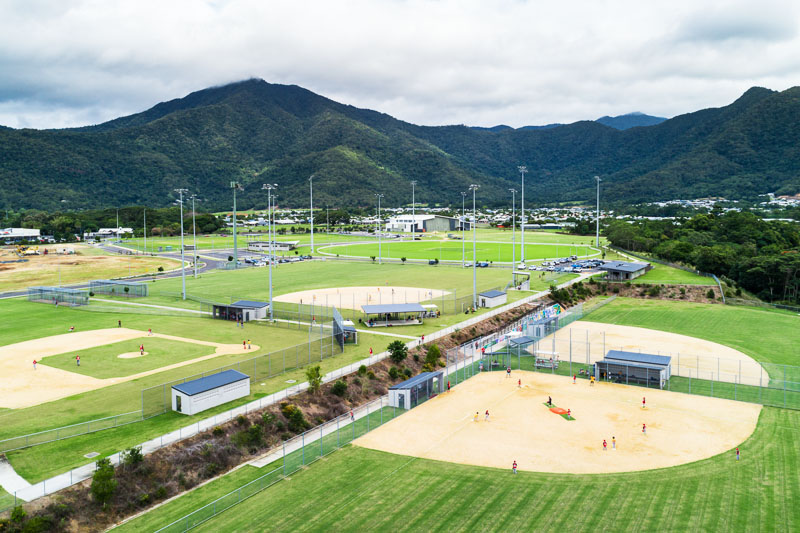 Aerial view of baseball fields in sporting precinct, Cairns