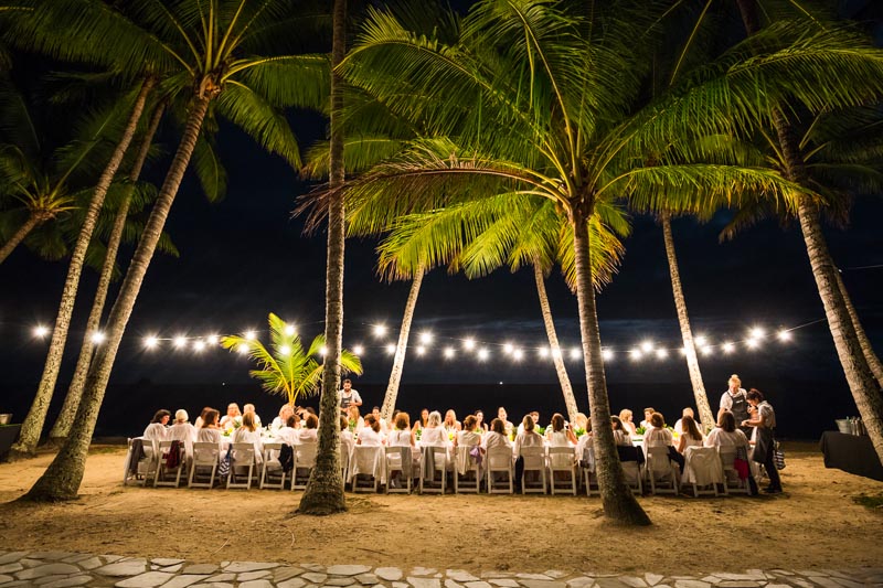 Group diining amidst the coconut palms at Nu Nu Restaurant, Palm Cove