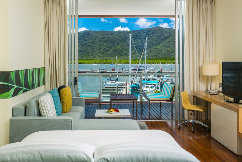 Luxury room suite with views of the waterfront at the Shangri La Hotel Cairns