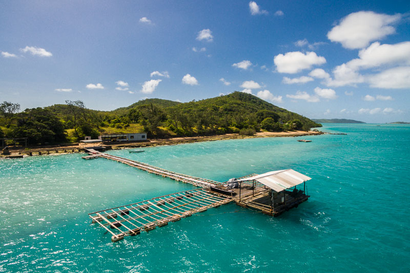 Aerial view of pearl farm pontoon at Friday Island in the Torres Strait