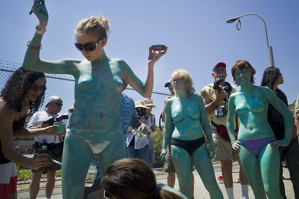 Andy Golub body painting during the Mermaid Parade in Coney Island, Brooklyn.  June 23, 2012
