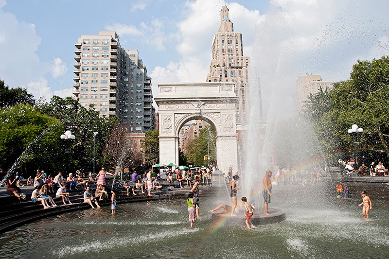 Children play in the fountain at Washington Square Park to beat the heat on Aug. 16, 2009.  The temperature hit 91 degrees fahrenheit.