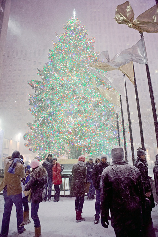 Heavy snow and high winds didn't stop many tourists from seeing the Christmas tree at Rockefeller Center on Dec. 19, 2009.