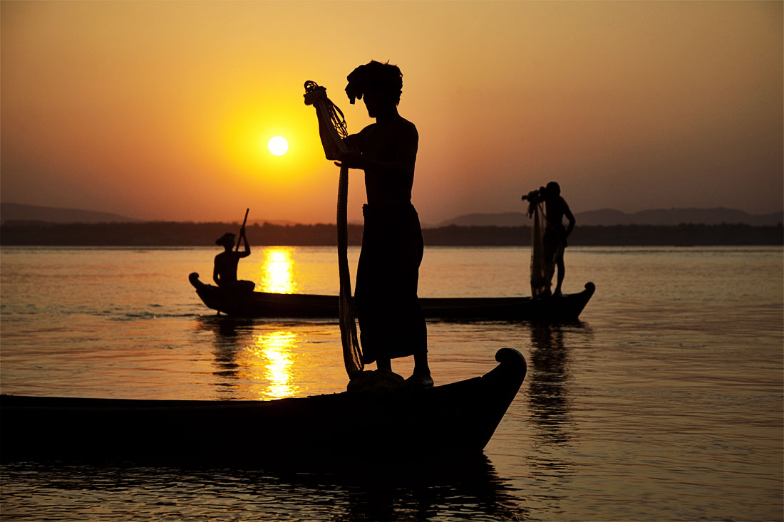 Fisherman at sunset in Mandalay, Myanmar