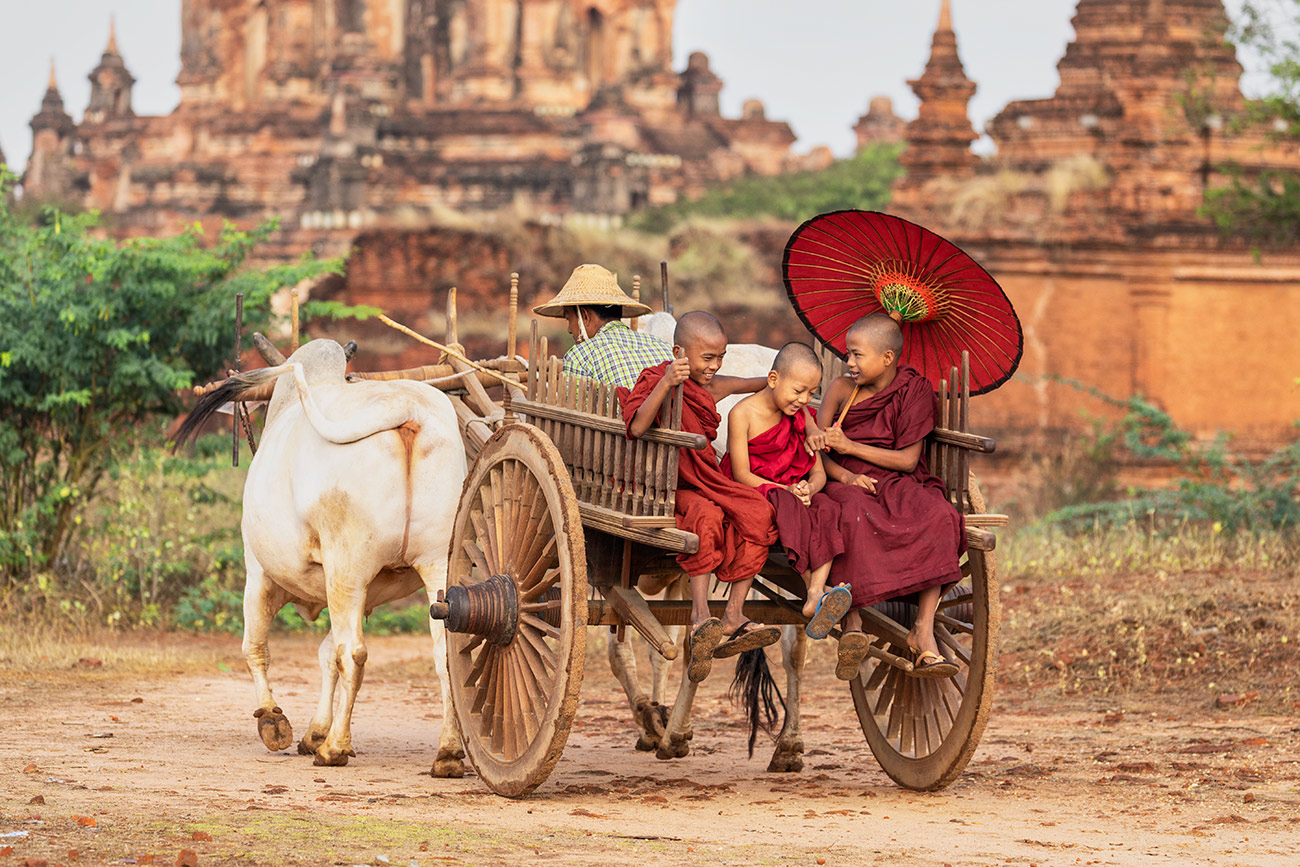 Young monks in an oxcart in Bagan, Burma