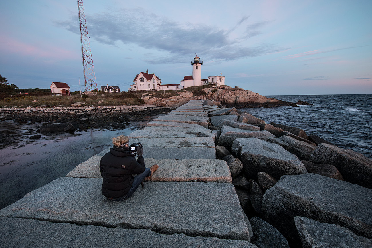 Holly photographing Eastern Lighthouse in Rockport