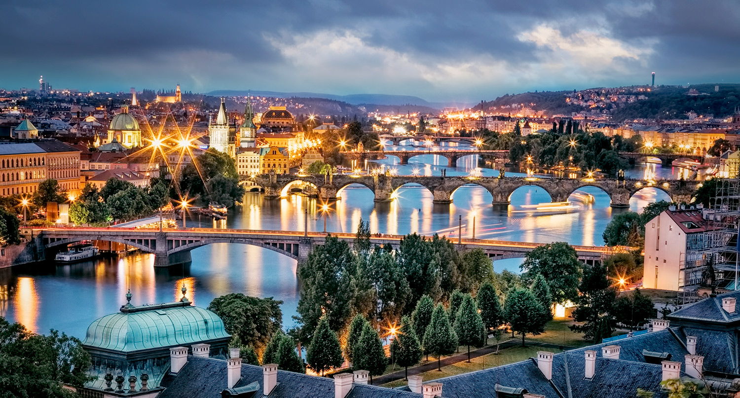 Panorama of Prague from above at sunset 