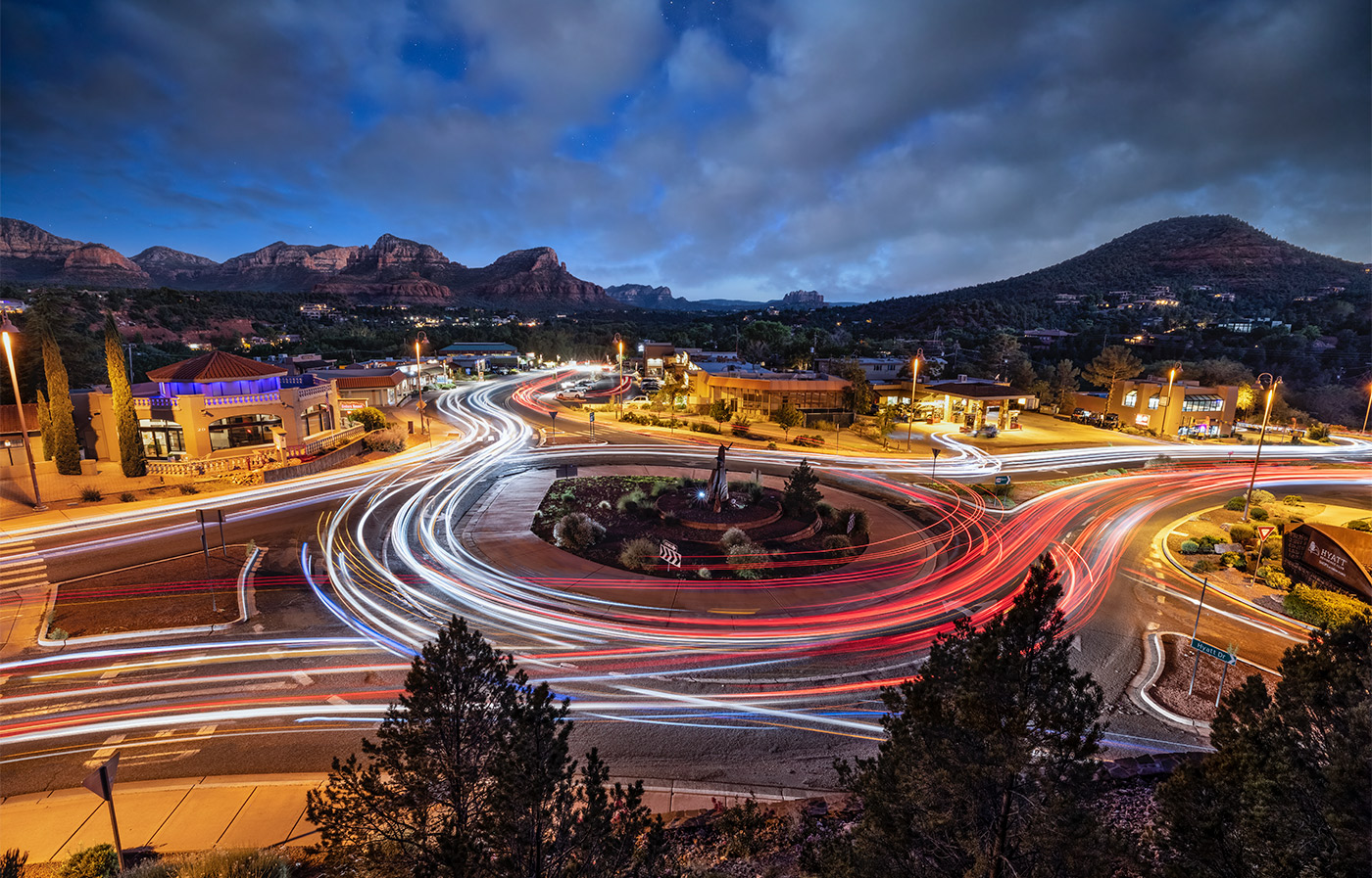Car trails at the roundabout in Sedona, Arizona