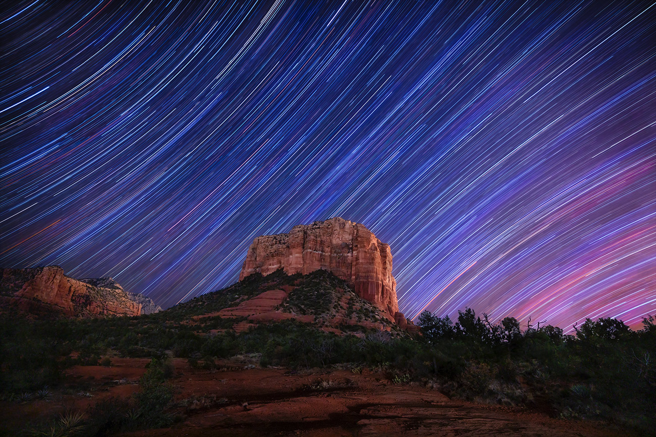 Star trails over Courthouse Rock in Sedona