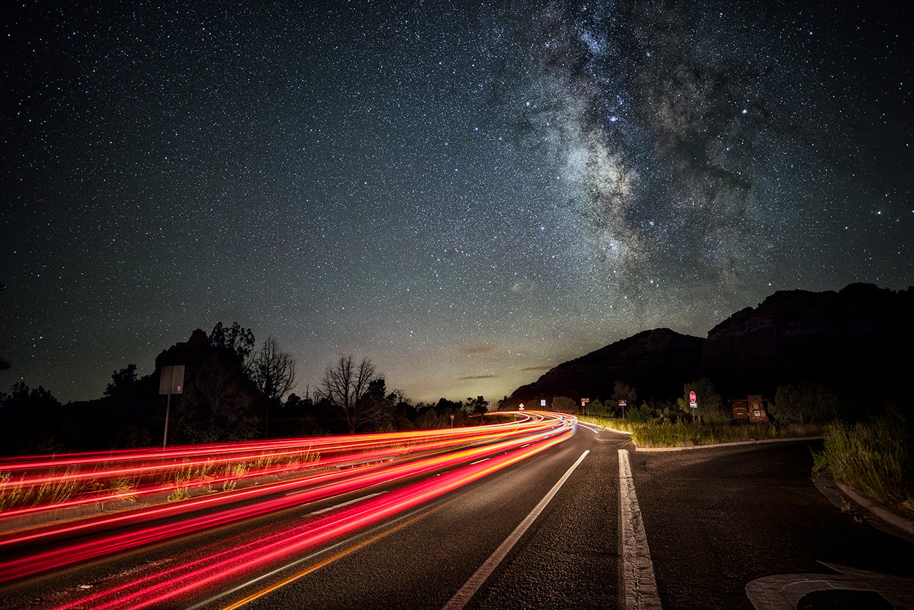 The Milky Way and car trails on hwy. 179