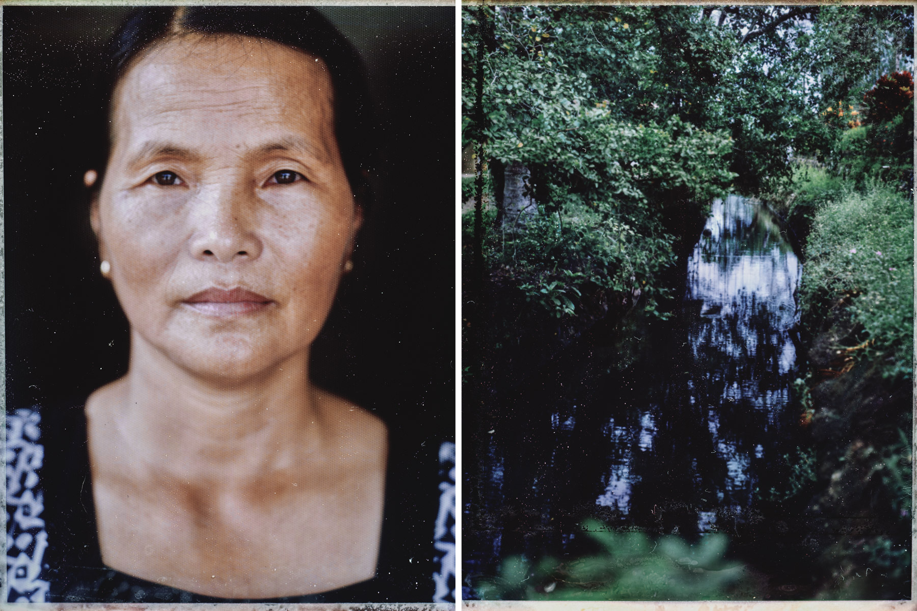 A portrait of Nguyen Thi Lien, who survived the My Lai Massacre during the American-Vietnam War, and a small ditch and stream where hundreds of bodies were systematically slaughtered by US troops on 16 March 1968.