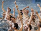 St. Jospeh's swimming head coach Steve Whittington celebrates the win with his team after the NJSIAA Non Public A boys swimming championship of St. Augustine and St. Joseph's of Metuchen.