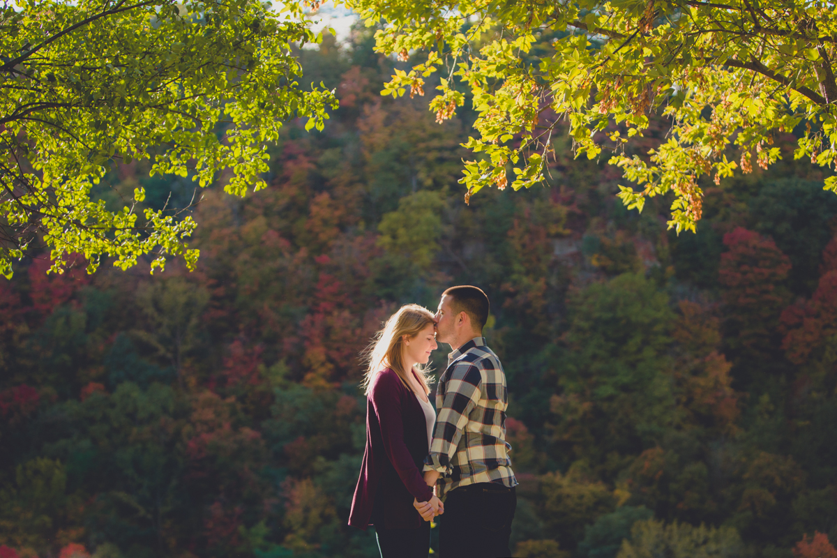 couple stands in Niagara River Gorge in front of fall folliage during wedding engagement portrait photography session at Artpark in Lewiston, NY