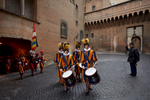 The Swiss Guard march through Vatican City for a mass and a ceremony marking the change of their commander, Daniel Anrig, who was appointed commander by Pope Benedict and was removed by Pope Francis.