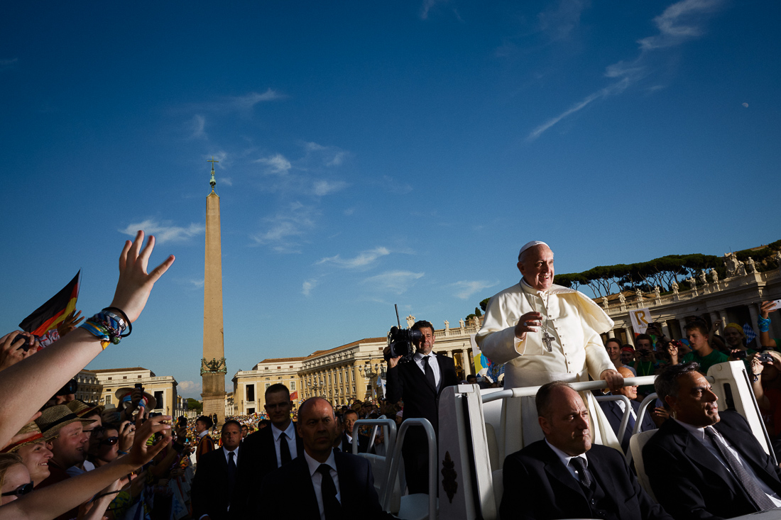 Pope Francis in the Popemobile in Vatican City during a general audience.
