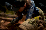 Archeologists dig in the cache site in the Mosquitia jungle in Honduras.
