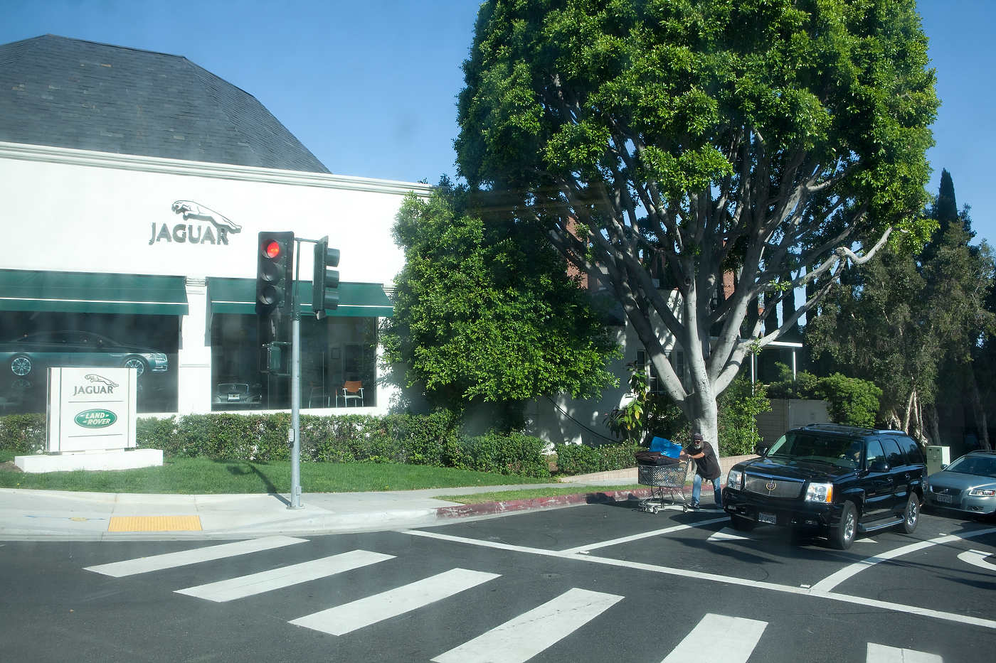 Cadillac and shopping cart at red light, Sunset Boulevard, Line 302.