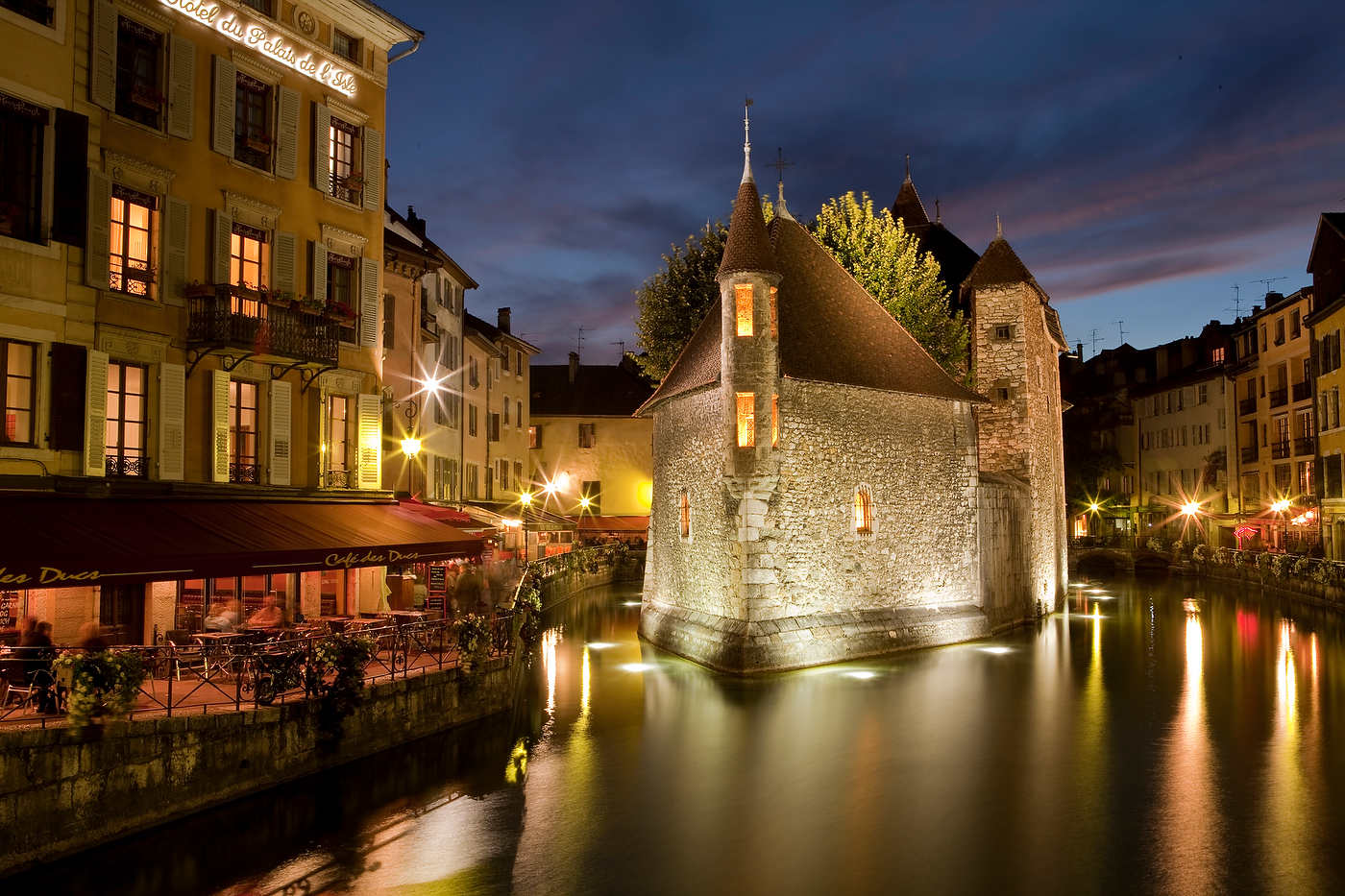 Old quarters at dusk, Annecy, French Alps.