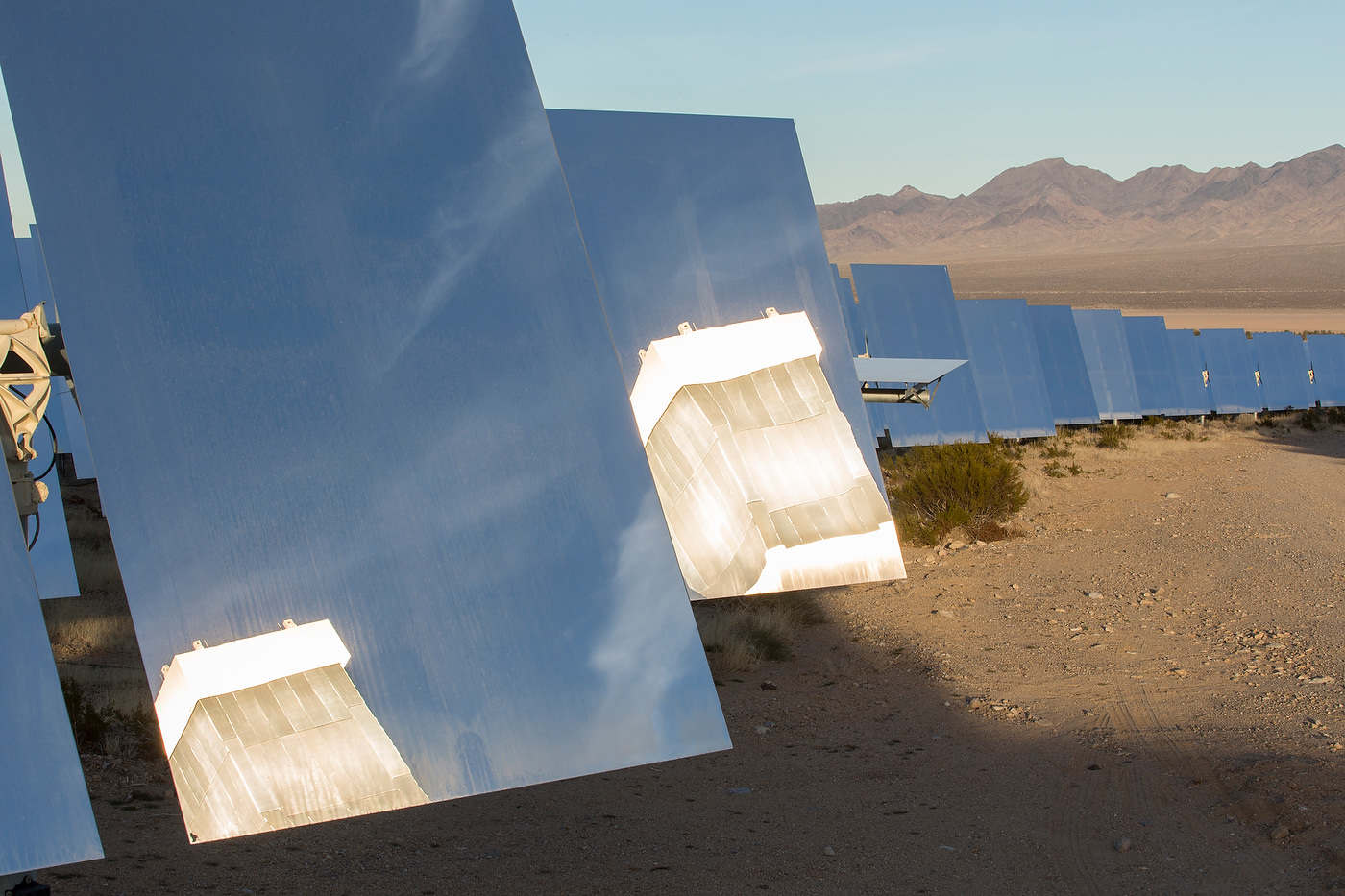 Tower 1 reflects in two of Ivanpah's 174,000 mirrors.