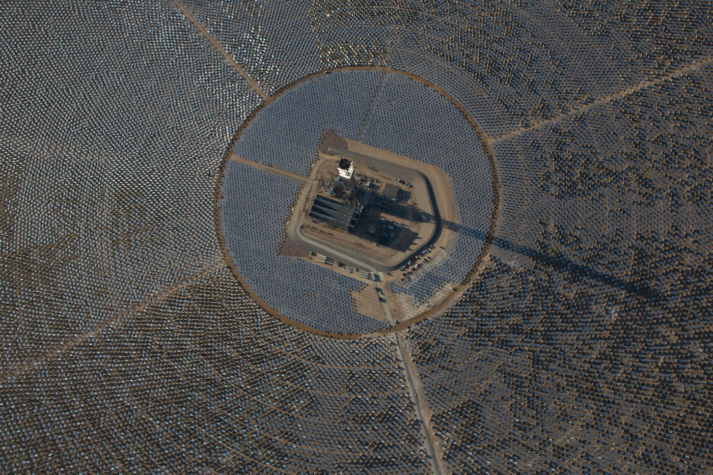 Aerial view of Ivanpah's Tower 1 during during testing.
