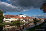 colour photograph from the Regnitz River of the picturesque old architecture of the town of Bamberg in Bavaria