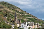 Steep hillside vineyards surrounding Lorchhausen with St. Boniffatius Church as the centrepiece