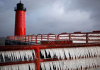Icicles cling to the railings near the lighthouse on Lake Michigan during a cold snap.
