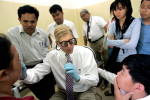 The primary objective of the ORBIS program is training eye care personnel in all ranges, doctors, nurses and anesthestists. The entire program is based on the knowledge of volunteers such as Dr. Bob Kersten, associate professor at the University of Cincinnati, in Cincinnati, OH, who is examining a patient as a possible surgery candidate.