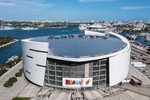 An aerial view of the  Miami-Dade Arena on March 10, 2023 in Miami, Florida.  This is the home arena where the Miami Heat of the National Basketball League play. 