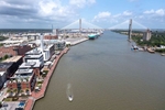 An aerial photo of the Historic Downtown waterfront with the Talmadge Memorial Bridge in the background on May 12, 2023 in Savannah, Georgia. 