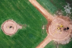 An Aerial view of the game between the  Savannah Bananas against the Party Animals at Grayson Stadium on May 11, 2023 in Savannah, Georgia. 