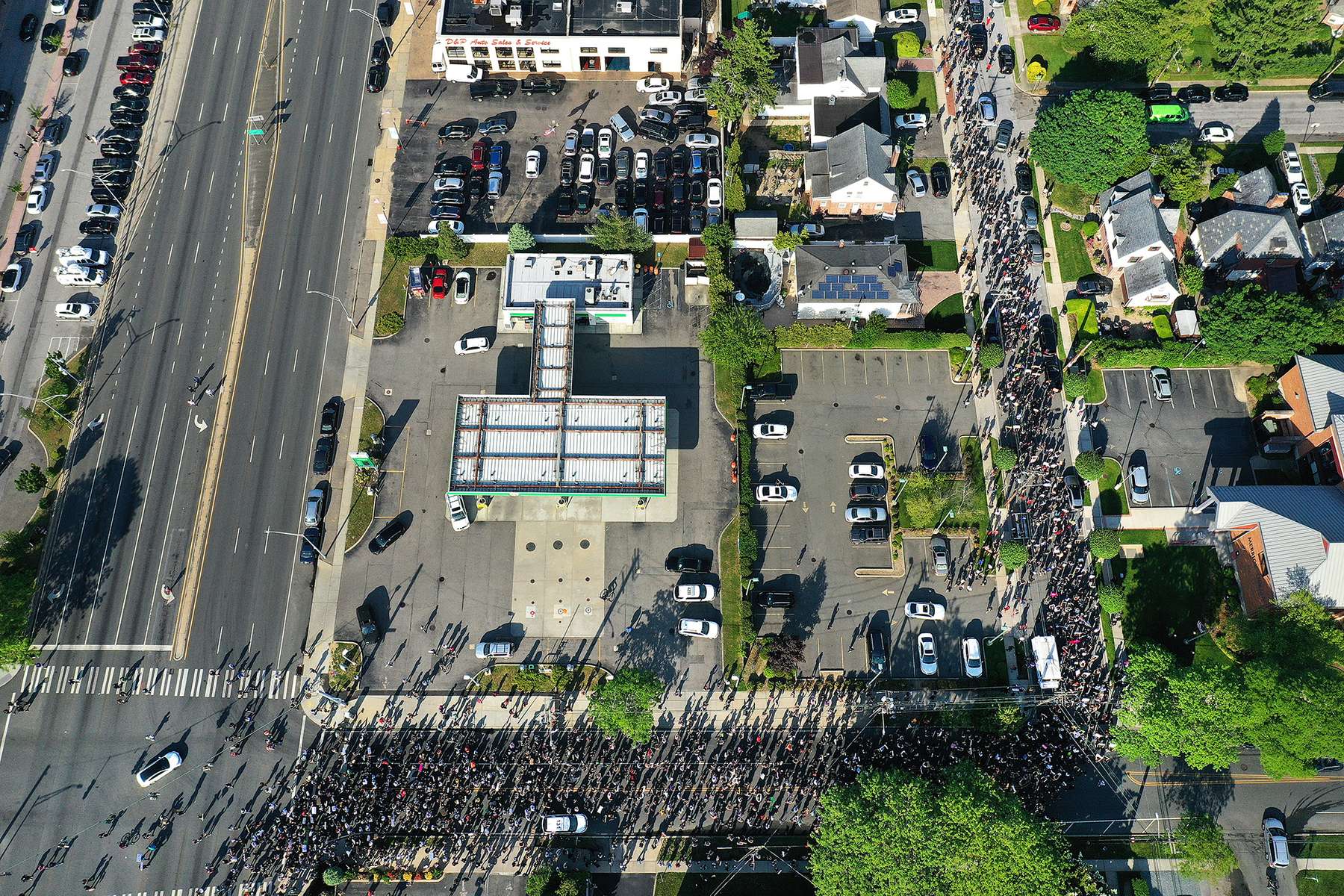 An aerial view of protesters marching to demonstrate the death of George Floyd on June 04, 2020 in Merrick, New York.  Minneapolis Police officer Derek Chauvin was filmed kneeling on George Floyd's neck. Floyd was later pronounced dead at a local hospital. Across the country, protests against Floyd's death have set off days and nights of rage as its the most recent in a series of deaths of black Americans by the police. 