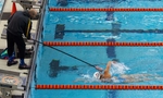 United States Paralympian Anastasia Pagonis is tapped on the head by her coach Darryn Solotoff during a training session at Nassau County Aquatic Center on May 25, 2024 in East Meadow, New York.  Pagonis has autoimmune retinopathy which led her sight to decrease at the age of 11, and she lost her vision by the age of 14.  She competed in the swimming competition at the Tokyo 2020 Paralympic Games where she won a gold and bronze medal respectively in the 400m Freestyle S11 and 200-meter Individual Medley S11.  An S11 athlete is the most severe form of visual impairment. S11 swimmers all swim with blacked-out goggles to ensure a level playing field, blocking out all light so it's like swimming with a blindfold.  This is why they typically swim on the lane line and have tappers to inform them when they need to turn or stop.  She will be competing in the 400m Freestyle S11 at the 2024 Paralympic Games this summer in Paris, France. 