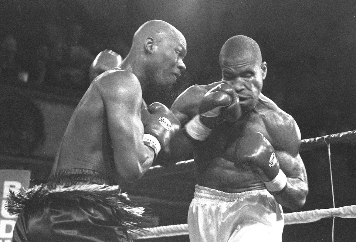 Former USA Olympian Antonio Tarver (left) hits Jason Burrell with a left hook during their bout at Fight Night at the Blue Horizon on April 29, 1997 in Philadelphia, Pennsylvania