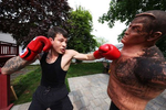 Zach Blumberg punches a boxing dummy he has named Bob in his backyard on May 18, 2020 in Oceanside, New York.  Zach is an Amateur boxer who fought in the New York City Golden Gloves. He was training to compete in this year's Golden Gloves tournament but it has been cancelled due to the coronavirus pandemic.  The Gym he fights for is called the Freeport Boxing Club and has been closed by New York Governor Andrew Cuomo since March 16th due to the coronavirus COVID-19 pandemic.  Until the gyms are deemed safe to open he will continue to stay fit by training at home with the hope that he can box again later this year. 