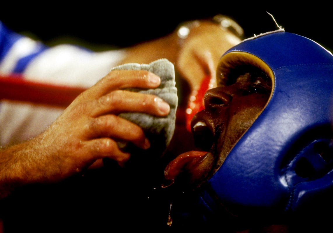 Ariel Hernandez of Cuba between rounds of his fight against Jean-Paul Mendy of France at the Goodwill Games on July 31, 1998 at  the Theater at Madison Square Gardens in New York. 