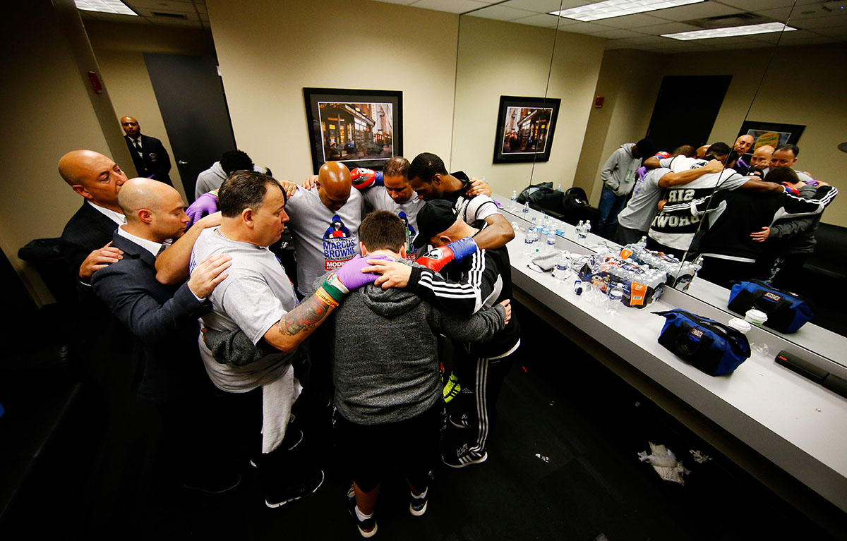 Marcus Browne and his team prepare for his Cruiserweight bout against Francisco Sierra of Mexico on December 5, 2015 in the Brooklyn borough of New York City. 